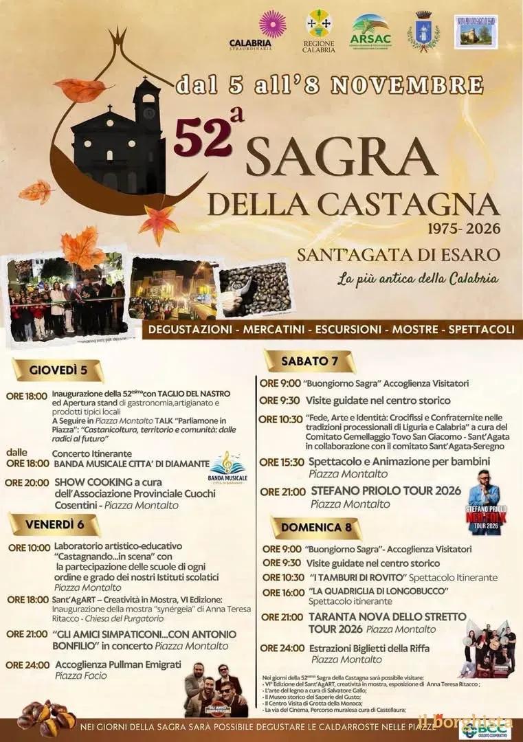 Locandina 52ª Sagra della Castagna 2026 a Sant'Agata di Esaro (Cosenza)