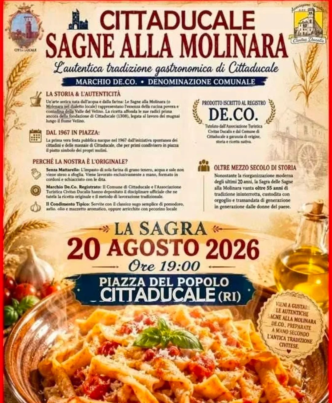Locandina Sagra delle Sagne alla Molinara 2026 a Cittaducale (Rieti)
