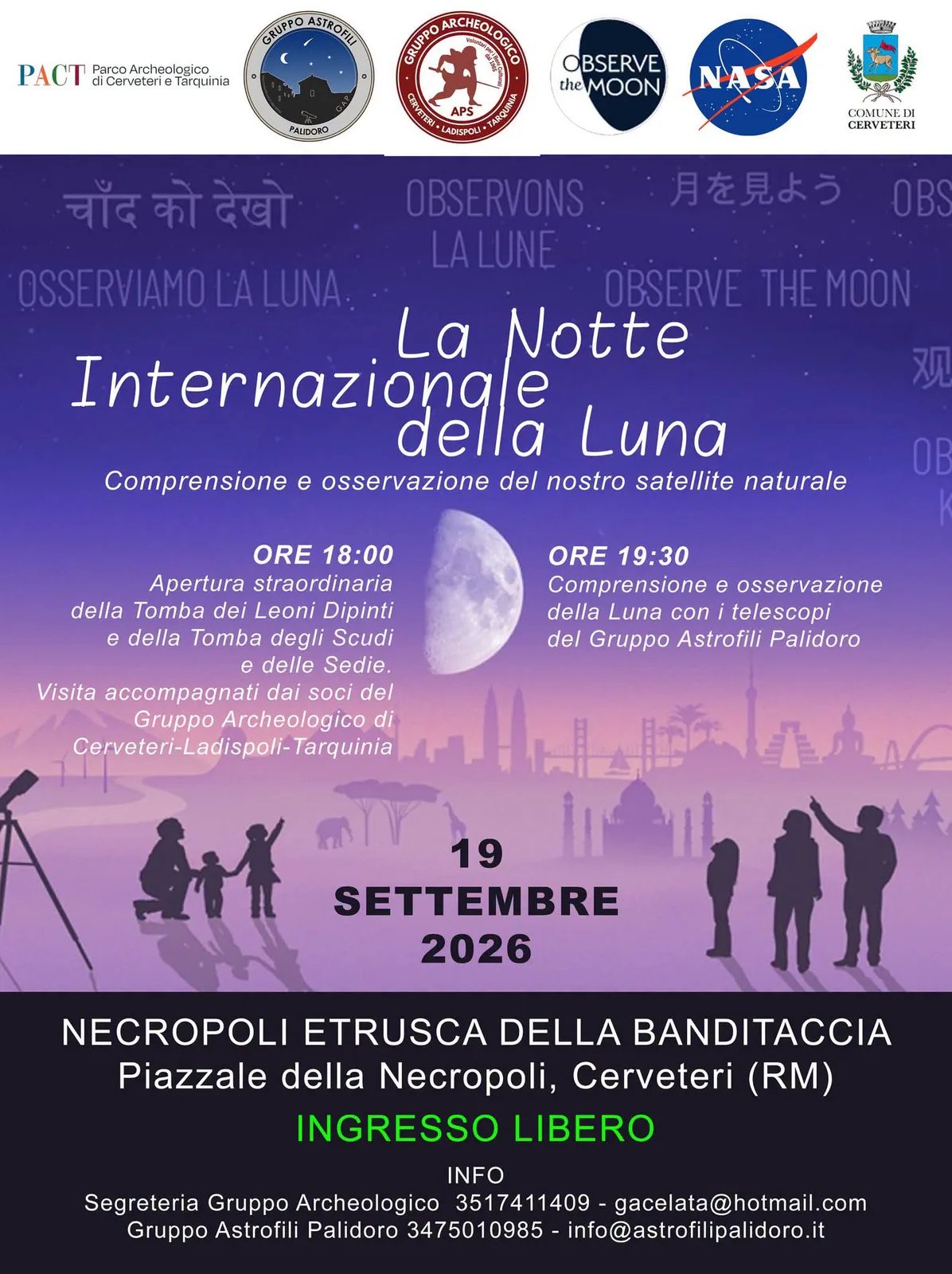 Locandina La Notte Internazionale della Luna 2026 a Cerveteri (Roma)