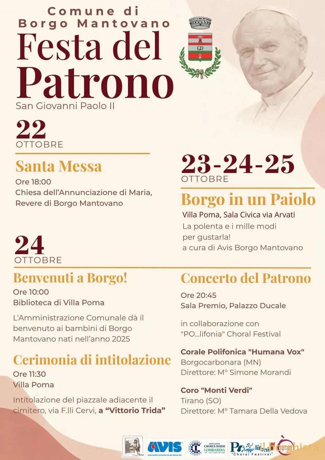 Locandina Festa del Patrono San Giovanni Paolo II 2026 a Borgo Mantovano (Mantova)