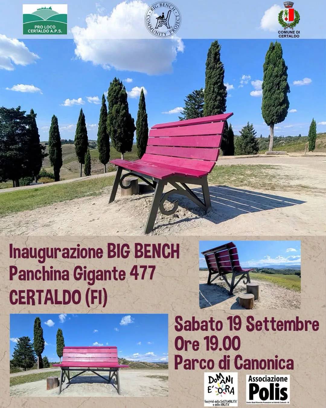 Locandina Inaugurazione BIG BENCH Panchina Gigante 477 2026 a Certaldo (Firenze)