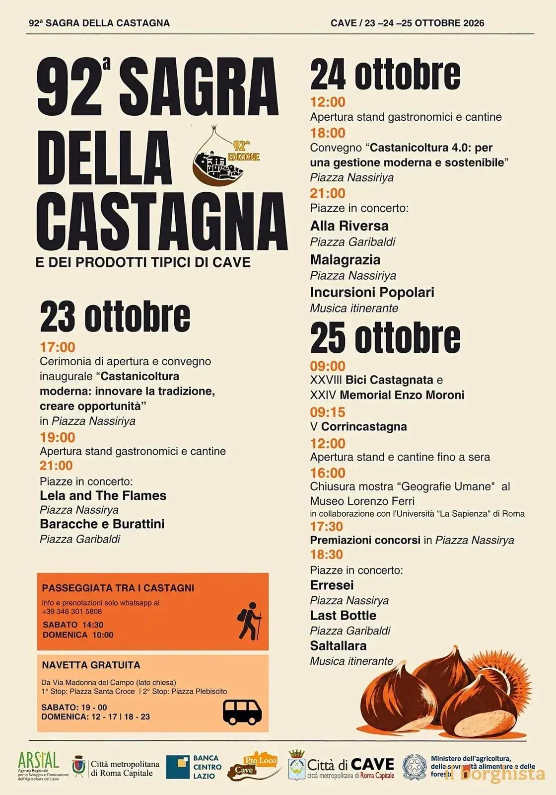 Locandina 92ª Sagra della Castagna di Cave e Sagra della Castagna e dei Prodotti Tipici di Cave 2026 a Cave (Roma)