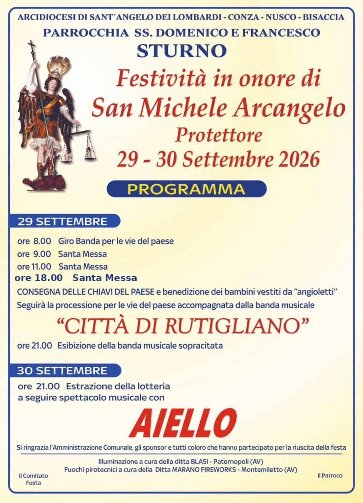 Locandina Festività in onore di San Michele Arcangelo 2026 a Sturno (Avellino)