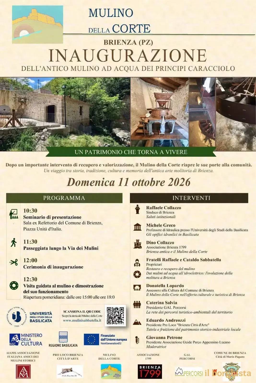 Locandina Inaugurazione Mulino della Corte 2026 a Brienza (Potenza)