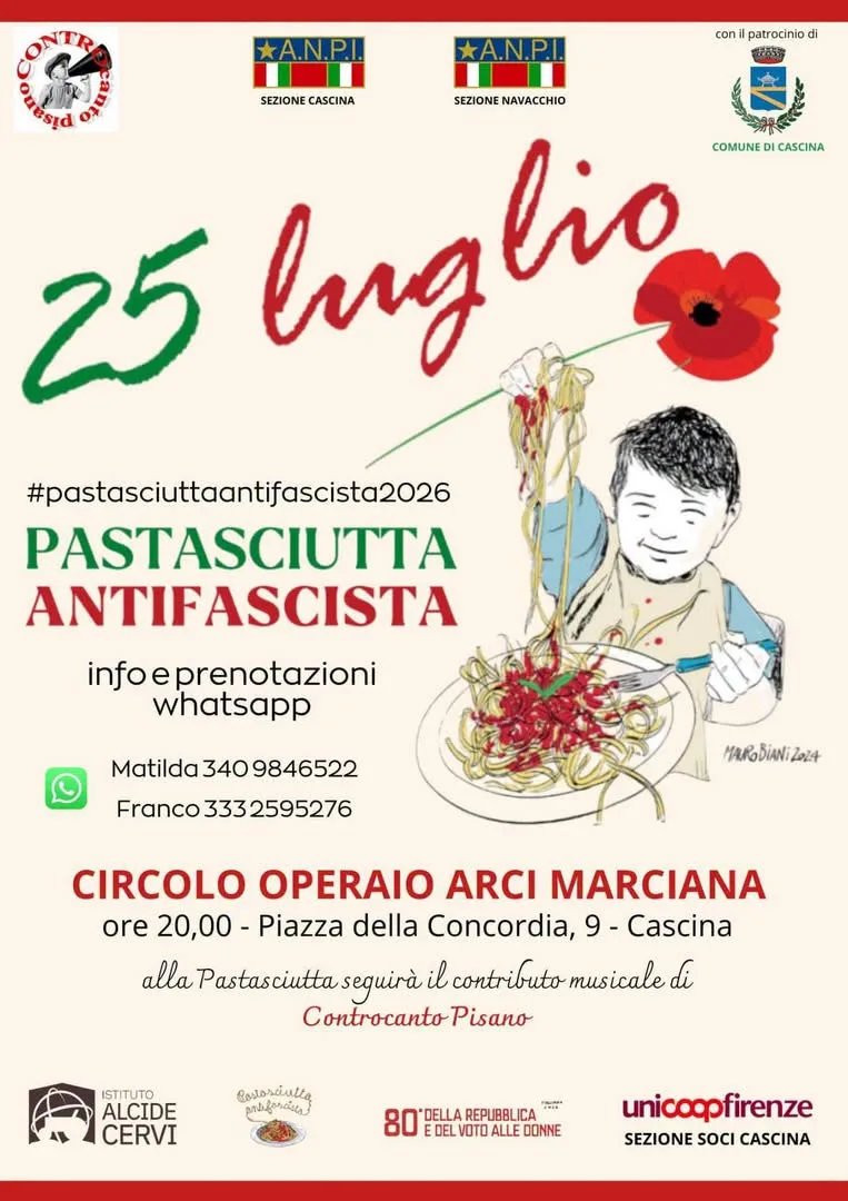Locandina Pastasciutta Antifascista 2026 a Cascina (Pisa)