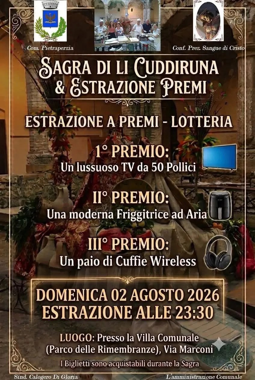 Locandina Sagra di li Cuddiruna & Estrazione Premi 2026 a Pietraperzia (Enna)