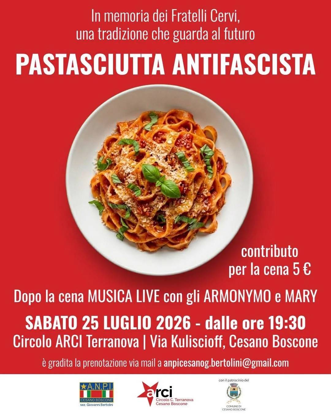 Locandina Pastasciutta Antifascista 2026 a Cesano Boscone (Milano)