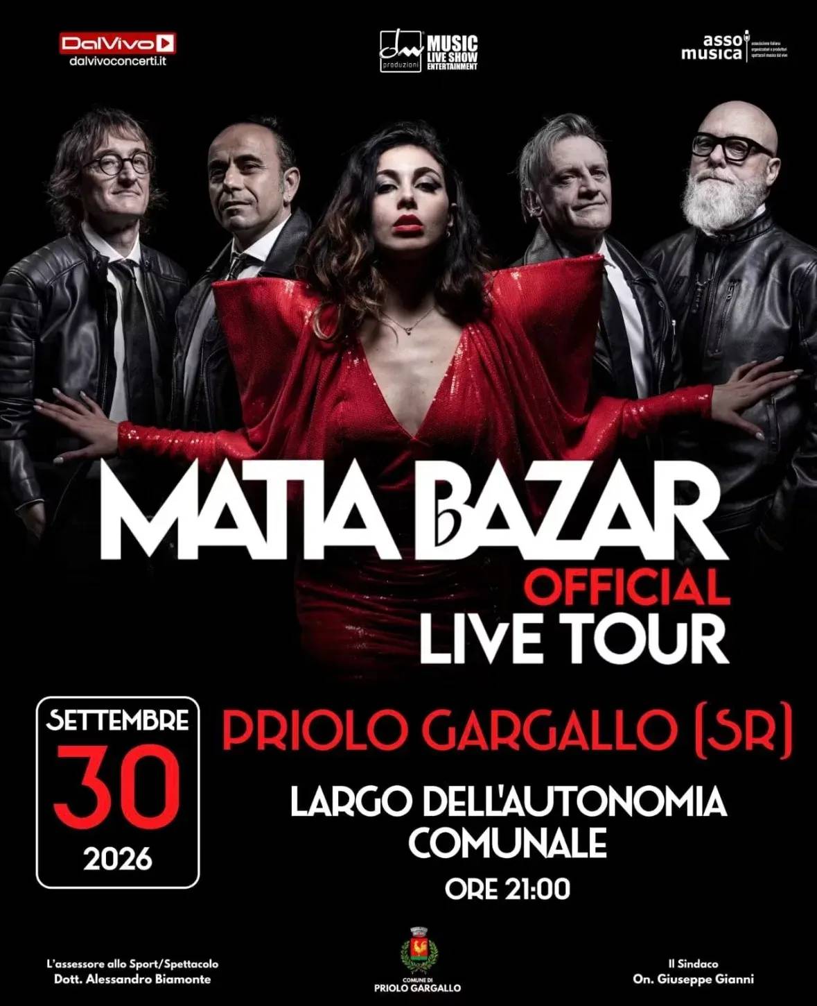 Locandina Matia Bazar Official Live Tour 2026 a Priolo Gargallo (Siracusa)