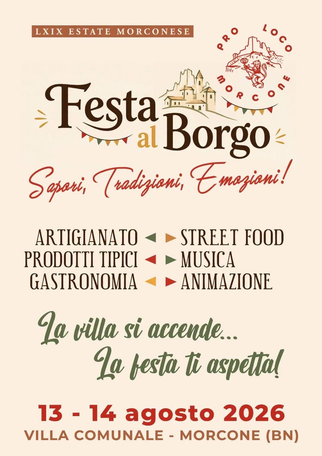 Locandina LXIX Estate Morconese - Festa al Borgo 2026 a Morcone (Benevento)
