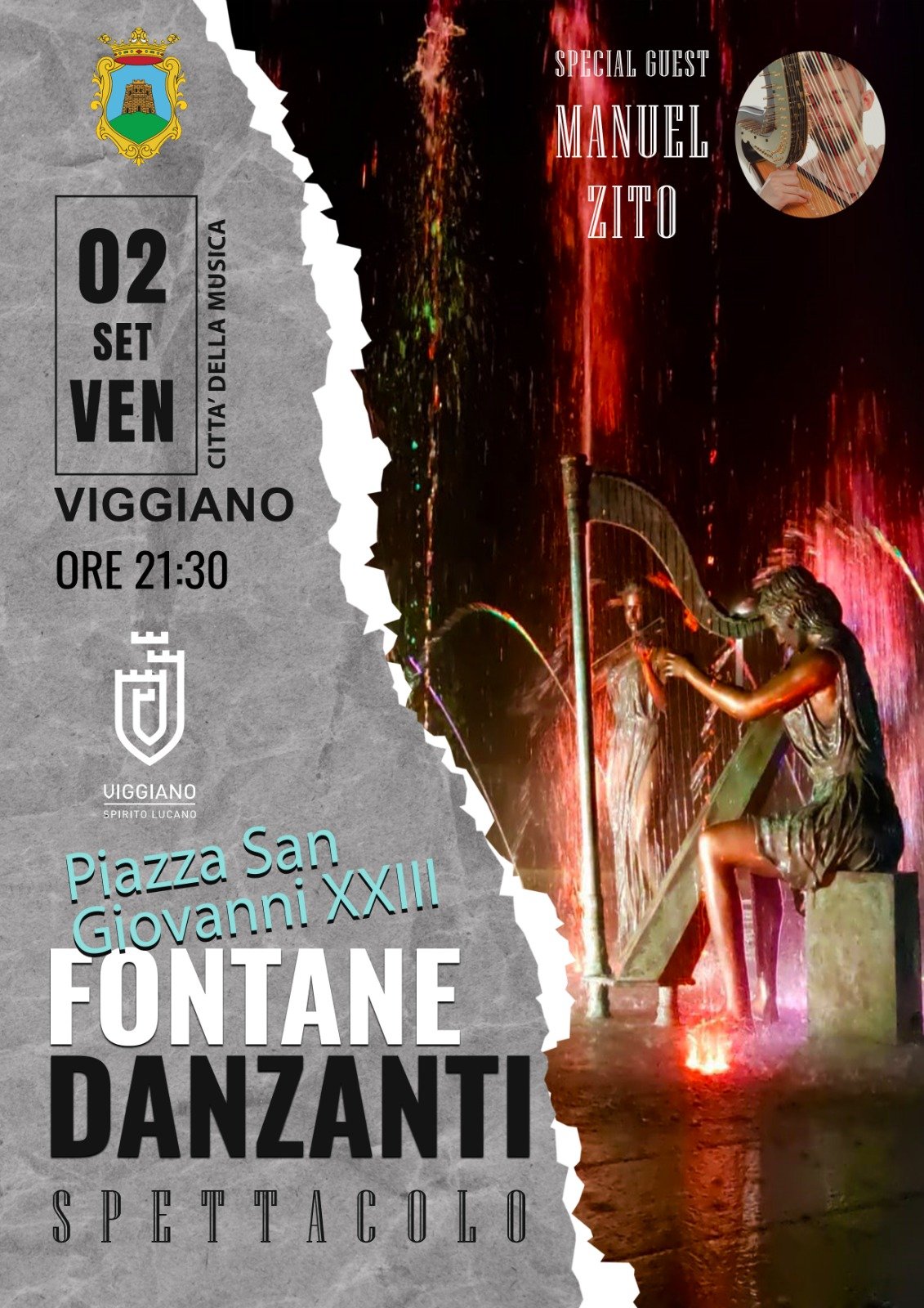 Locandina Fontane della Musica a Viggiano – spettacolo musicale a Piazza San Giovanni XXIII a Viggiano a Viggiano (Potenza)
