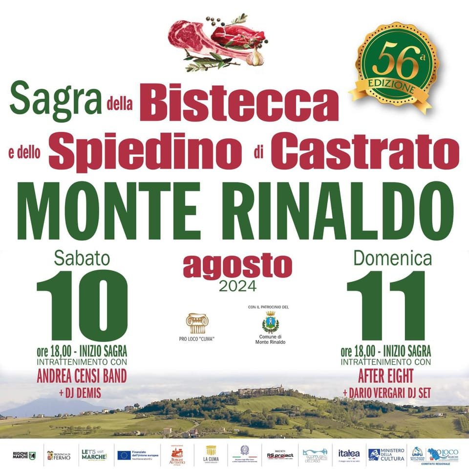 Locandina Sagra della Bistecca e dello Spiedino di Castrato 2025 a Monte Rinaldo (Fermo)
